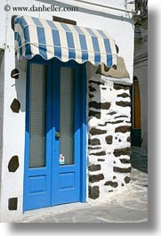 awnings, blues, doors, doors & windows, europe, greece, naxos, striped, vertical, white wash, photograph