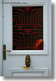 brass, doors, doors & windows, europe, greece, irons, knockers, naxos, red, vertical, photograph