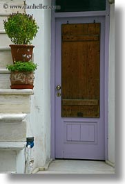 doors, doors & windows, europe, greece, naxos, plants, purple, stairs, vertical, photograph
