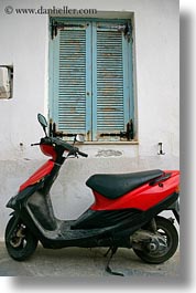 blues, doors & windows, europe, greece, naxos, red, scooter, vertical, windows, photograph