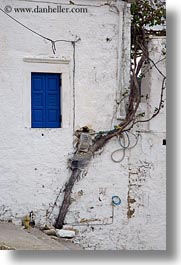 blues, boxes, doors & windows, electric, europe, greece, naxos, small, trees, vertical, white wash, windows, photograph