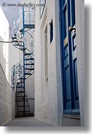 blues, doors, europe, greece, naxos, spiral, stairs, vertical, white wash, photograph