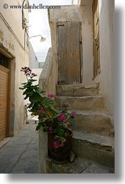 europe, geraniums, greece, naxos, pink, stairs, vertical, photograph