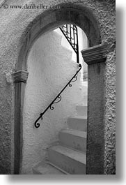arches, black, black and white, europe, greece, irons, naxos, railing, stairs, vertical, white wash, photograph