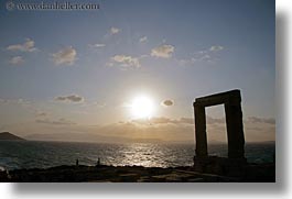 apollo, arches, architectural ruins, buildings, clouds, europe, greece, hikers, horizontal, nature, naxos, ocean, silhouettes, sky, structures, sun, sunsets, temple of apollo, photograph