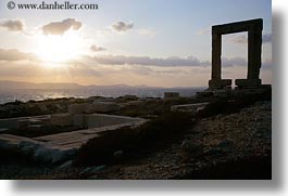 apollo, arches, architectural ruins, buildings, clouds, europe, greece, horizontal, nature, naxos, ocean, silhouettes, sky, structures, sun, sunsets, temple of apollo, photograph