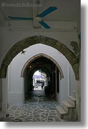 alleys, archways, blues, ceilings, europe, fans, greece, naxos, towns, vertical, white wash, photograph