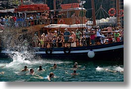boats, caldron, crowded, europe, greece, horizontal, santorini, swimmers, photograph