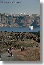 caldron, cruise, europe, greece, hikers, santorini, ships, vertical, photograph