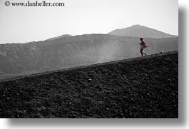 black and white, caldron, europe, greece, hikers, horizontal, pink, rocks, santorini, photograph