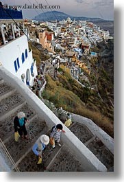 cityscapes, down, europe, greece, people, santorini, stairs, towns, vertical, walking, photograph