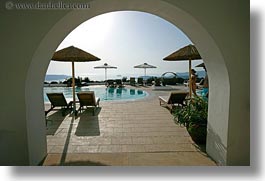 arches, europe, greece, horizontal, hotels, pools, santorini, views, photograph