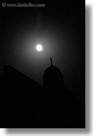 black and white, churches, europe, greece, haze, moon, nite, santorini, silhouettes, vertical, photograph