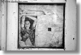 abstracts, arts, black and white, europe, faded, greece, horizontal, old, people, photographic image, santorini, windows, womens, photograph
