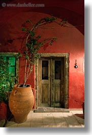 doors, europe, greece, potted, red, santorini, trees, vertical, walls, woods, photograph