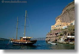 architectural ruins, boats, cliffs, europe, greece, horizontal, santorini, scenics, photograph
