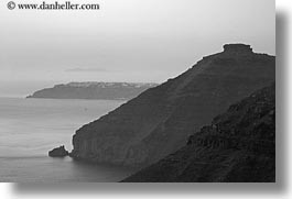 black and white, cliffs, europe, greece, horizontal, into, ocean, rockies, santorini, scenics, photograph