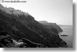 black and white, cliffs, europe, greece, horizontal, ocean, santorini, scenics, ships, towns, photograph
