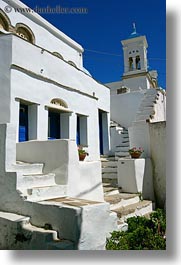 bell towers, buildings, europe, greece, stairs, tinos, vertical, white wash, photograph