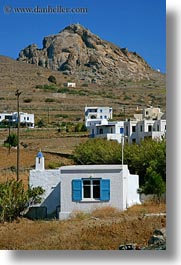 buildings, europe, greece, mountains, stucco, tinos, vertical, white wash, photograph