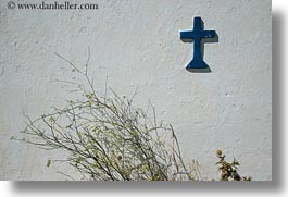 blues, churches, crosses, europe, greece, green, horizontal, tinos, weeds, white wash, photograph