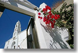 bell towers, bougainvilleas, buildings, churches, europe, gates, greece, horizontal, red, structures, tinos, white wash, photograph