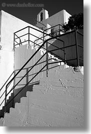 bell towers, black and white, buildings, churches, europe, greece, railing, stairs, structures, tinos, vertical, white wash, photograph