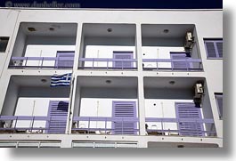 apartments, blocks, europe, greece, horizontal, purple, shutters, tinos, photograph