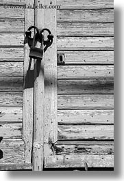 black and white, europe, greece, irons, locks, old, painted, shutters, tinos, vertical, white wash, photograph