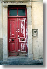 doors, europe, greece, paint, red, tinos, vertical, white, photograph