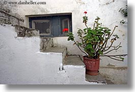 europe, flowers, geraniums, greece, horizontal, red, stairs, tinos, white wash, photograph