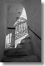 black and white, europe, gates, greece, irons, stairs, tinos, vertical, white wash, photograph