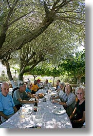 europe, fisheye lens, greece, groups, lunch, nature, plants, shade tree, tourists, trees, vertical, photograph