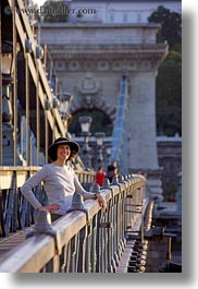 bridge, brunette, chains, clothes, emotions, europe, groups, hair, hats, hungary, lori, people, smiles, vertical, womens, photograph