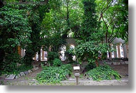 budapest, buildings, cemetary, europe, graves, horizontal, hungary, ivy, synagogue, trees, photograph