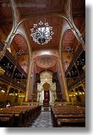 budapest, buildings, europe, furniture, hungary, interiors, jewish, pews, religious, synagogue, temples, vertical, photograph