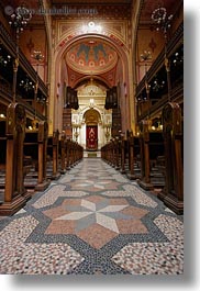 arts, budapest, buildings, europe, furniture, hungary, interiors, jewish, materials, mosaics, pews, religious, synagogue, temples, tiles, vertical, photograph