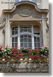 budapest, buildings, europe, flowers, hungary, ornate, vertical, windows, photograph