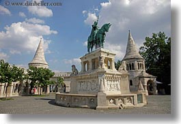 bronze, budapest, castle hill, castles, clouds, europe, horizontal, horses, hungary, materials, nature, sky, statues, towers, photograph