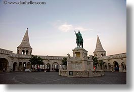 bronze, budapest, castle hill, castles, europe, horizontal, horses, hungary, materials, statues, towers, photograph