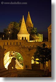 archways, budapest, castle hill, castles, europe, hungary, lions, long exposure, nite, structures, towers, vertical, photograph