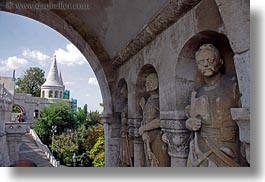 budapest, castle hill, castles, europe, horizontal, hungary, knights, materials, statues, stones, towers, photograph