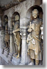budapest, castle hill, europe, hungary, knights, materials, statues, stones, vertical, photograph