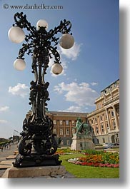 budapest, castle hill, clouds, europe, gardens, horses, hungary, lamp posts, nature, sky, statues, vertical, photograph