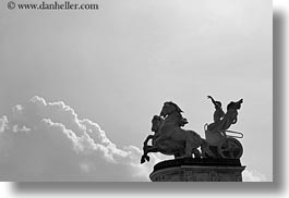 arts, black and white, bronze, budapest, chariots, clouds, europe, heroes square, horizontal, hungary, landmarks, materials, millenium, monument, nature, sky, transportation, photograph