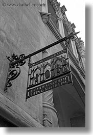 black and white, budapest, europe, hungary, irons, perspective, restaurants, signs, upview, vertical, photograph