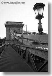 black and white, bridge, budapest, europe, hungary, lamp posts, span, structures, szechenyi chain bridge, vertical, photograph