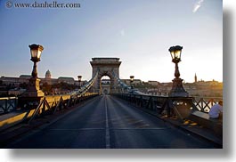 bridge, budapest, europe, horizontal, hungary, lamp posts, streets, structures, szechenyi chain bridge, photograph