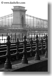 black and white, bridge, budapest, europe, hungary, irons, railing, structures, szechenyi chain bridge, towers, vertical, photograph