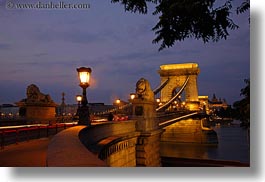 bridge, budapest, europe, heads, horizontal, hungary, lamp posts, lions, nite, slow exposure, statues, structures, szechenyi chain bridge, photograph
